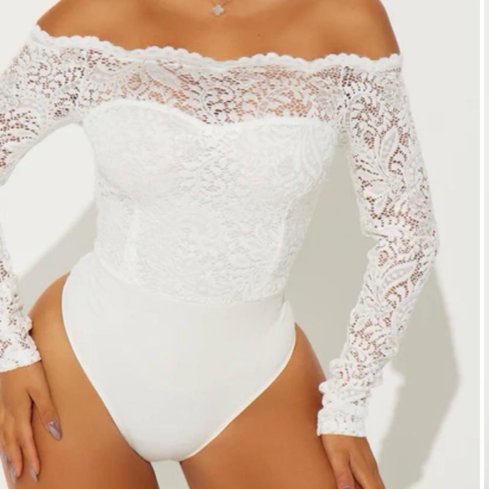 Fashion Nova White Lace Off-Shoulder Bodysuit (2 for $20) White and Black